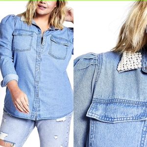 Never worn river island with tag PLUS size BLUE PEARL COLLAR DENIM SHIRT